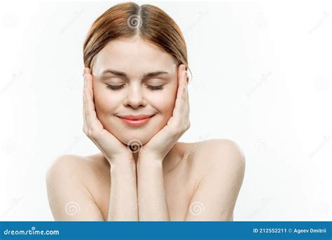 Woman With Closed Eyes Holds Hands Near Face Naked Shoulders Emotions