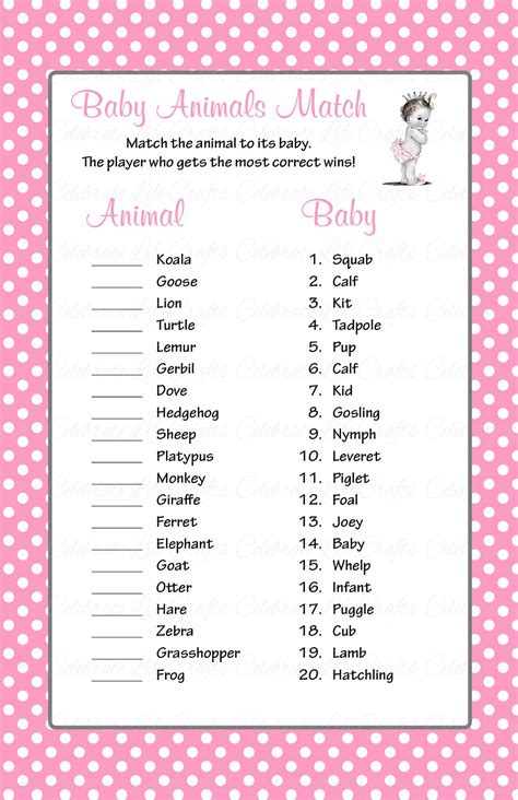 Baby Animals Match Game Printable Download Pink Polka Baby Shower