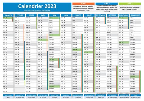 Calendrier 2023 Avec Vacances Scolaires Et Jours Fériés à Imprimer