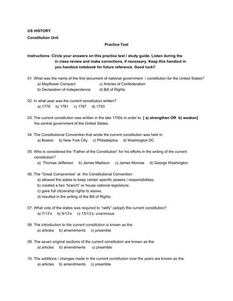 Us History Constitution Unit Practice Test Instructions Hoffman