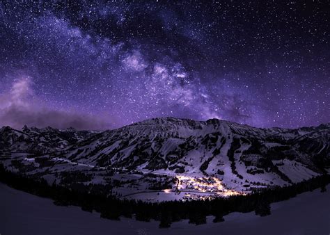 Snow Galaxy Town Landscape Nature Stars Mountains Starry Night