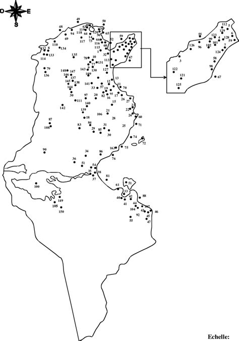 Localisation des zones humides tunisiennes prospectées sur la période