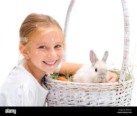 Little Girl With A Rabbit Stock Photo Alamy