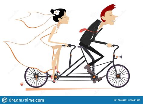 Heterosexual Married Wedding Couple Rides On A Tandem Bike Illustration