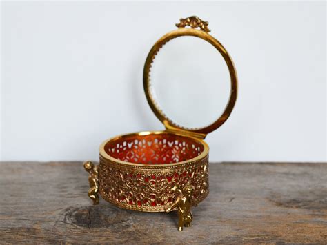 Vintage Brass Ormolu Trinket Box Victorian Era Jewelry Box Vanity Display Case Cherub And