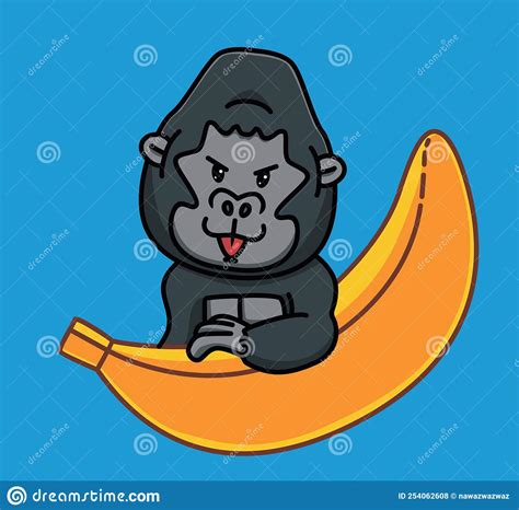 Cute Cartoon Gorilla Ape Black Monkey Bring A Giant Banana Animal