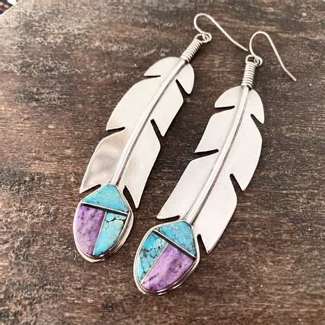 Stunning Vintage Navajo Sterling Silver Turquoise Feather Earrings
