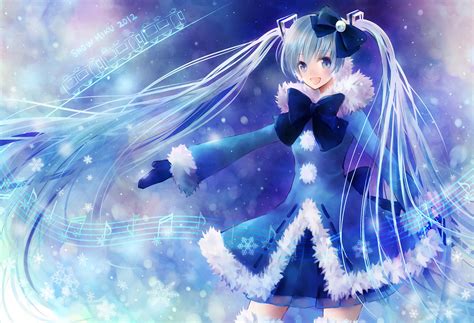 Aqua Hair Blue Eyes Bow Gloves Hatsune Miku Long Hair Skirt Skybeans Snow Twintails Vocaloid