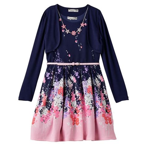 Girls 7 16 Knitworks Shrug And Floral Textured Skater Dress With Necklace