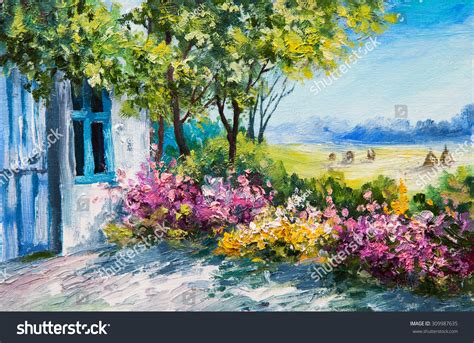 Oil Painting Landscape Garden Near House Stock