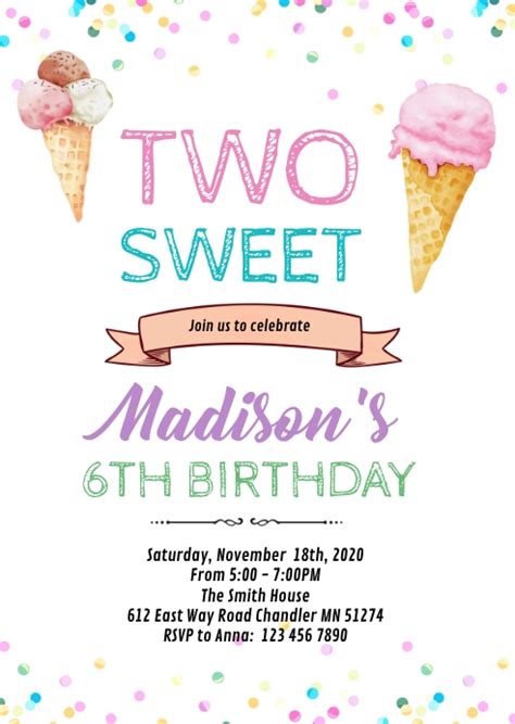 Two Sweet Ice Cream Birthday Invitation Template Postermywall