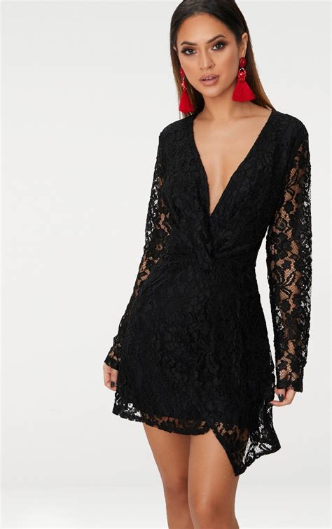 Black Plunge Long Sleeve Lace Bodycon Dress Prettylittlething Ca