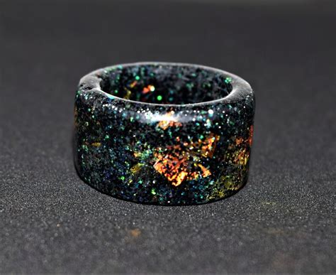 Resin Galaxy Ring Black Glitter Wide Band Holographic Ring Etsy