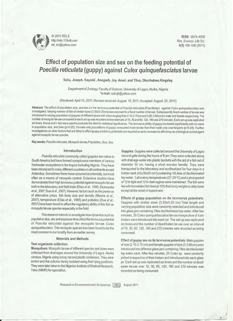 Pdf Effect Of Population Size And Sex On The Feeding Potentials Of Poecilia Reticulata Guppy