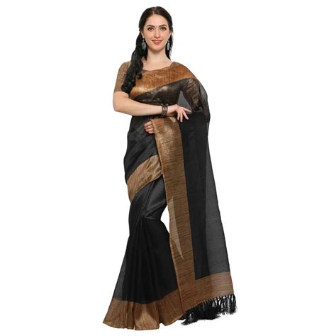 Black Plain Tussar Silk Saree With Blouse Rajnandini 2534079