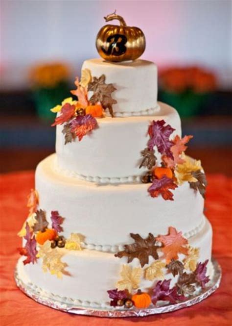 Autumn Theme 4 Tier Round Wedding Cake With Fall Foliage