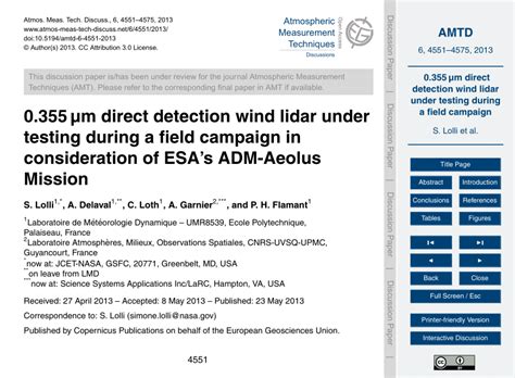 Pdf 0355 μm Direct Detection Wind Lidar Under Testing During A Field