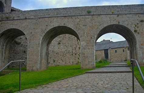 Big Stone Walls Gate And Bridge At Dinan Fortress France Stock Image