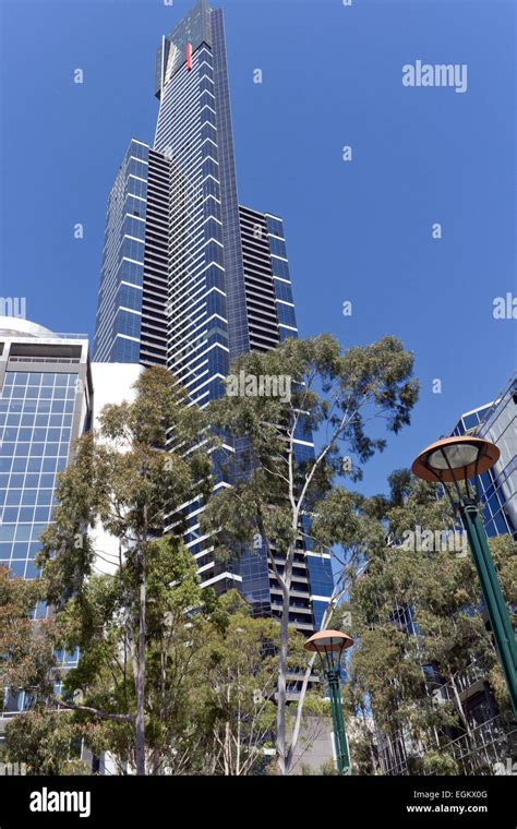 Eureka Tower Melbourne Australia With Trees In Foreground Stock Photo