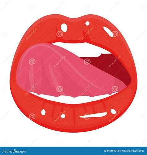 Female Red Glossy Kiss With Sensual Tongue Vector Illustration