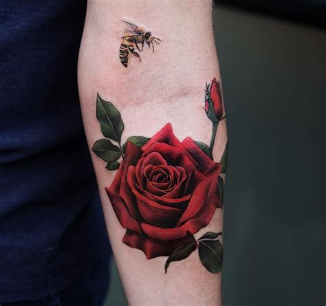 Red Rose And Bee By Joice Wang Red Rose Tattoo Red Tattoos Rose