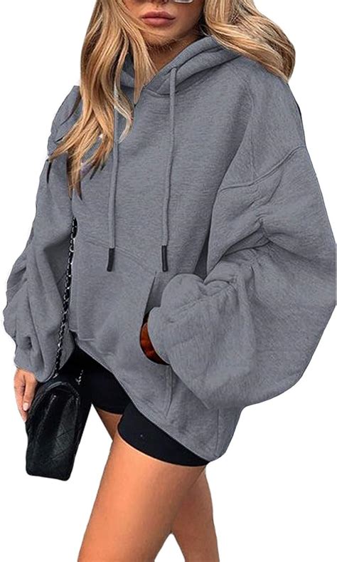Womens Oversized Hoodie Long Stacked Ruched Sleeve Solid Hoody Sweatshirt Streetwear Top Grey