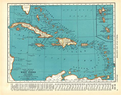 1938 Antique Caribbean Map West Indies Islands Beach House Ocean Decor