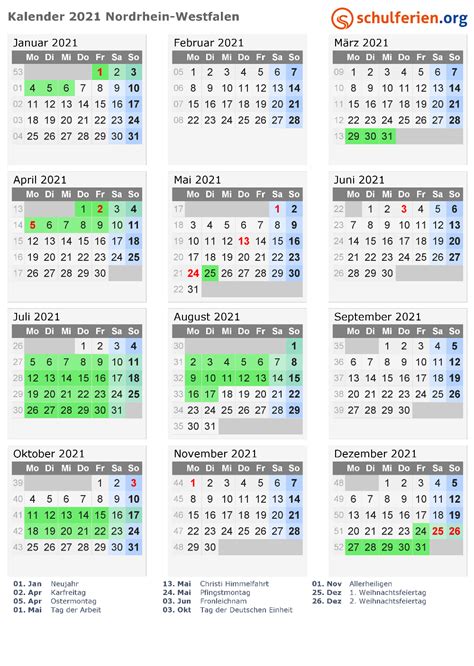 Ferienkalender 2021, 2022 zum herunterladen und ausdrucken. Kalender 2021 + Ferien Nordrhein-Westfalen, Feiertage in ...
