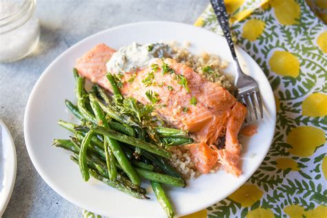 Whole30 Sheetpan Salmon With Cauliflower Rice Green Beans And Creamy