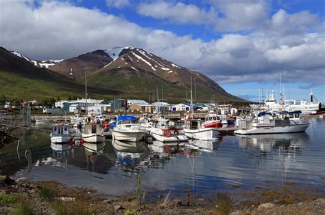 Fishing Boats At The Port Of Dalvík Against Mountainous Backdrop