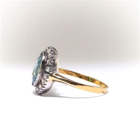 Antique Oval Blue Zircon With Diamond Halo Ring Silver 18k Gold
