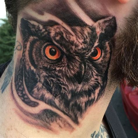 30 Owl Neck Tattoo Designs For Men Bird Ink Ideas Guys Orange Eyed