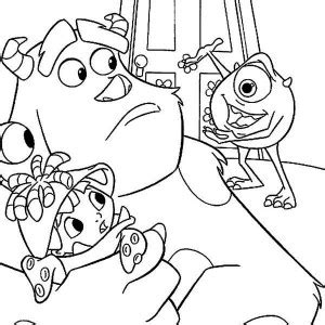 Sulley, Mike And Boo Hanging On The Door In Monsters Inc Coloring Page