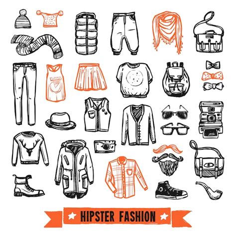 Jeu Dicônes De Vêtements De Mode Hipster Doodle Vecteur Gratuite