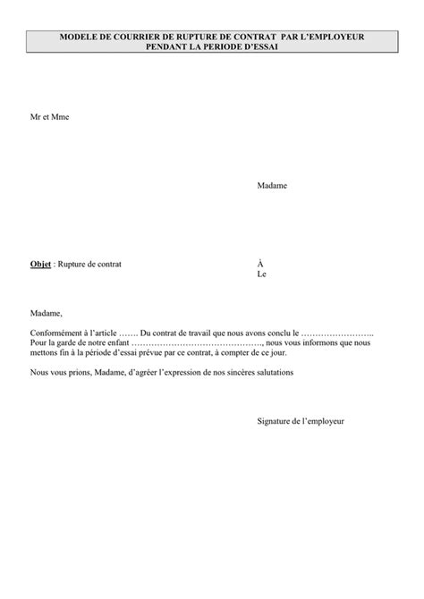 Modele De Courrier De Rupture De Contrat Par Lemployeur Doc Pdf Page Sur