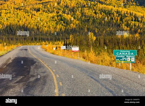 Entering Canada On Alaska Highway Near Beaver Creek And Fall Colours