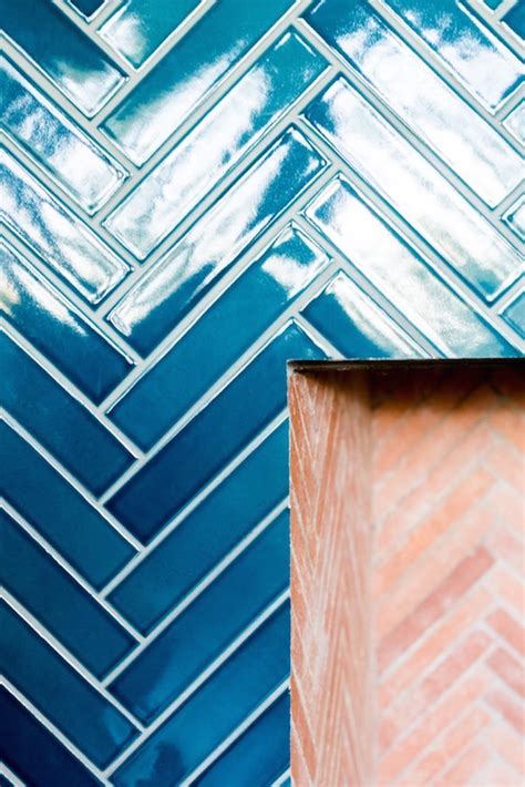 Blue Herringbone Tiles Transitional Living Room Anik Pearson