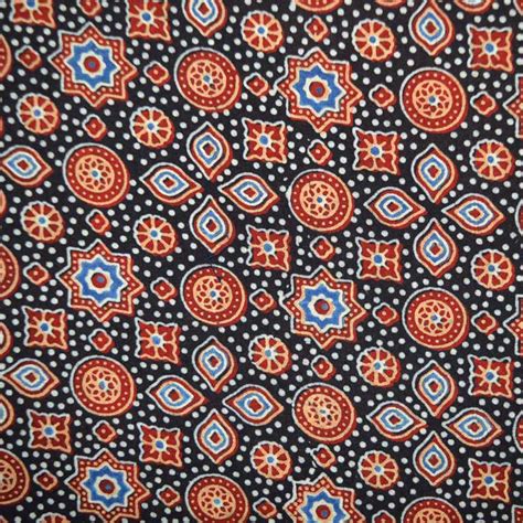 Buy Black And Red Unique Shapes Hand Ajrakh Print Cotton Fabric