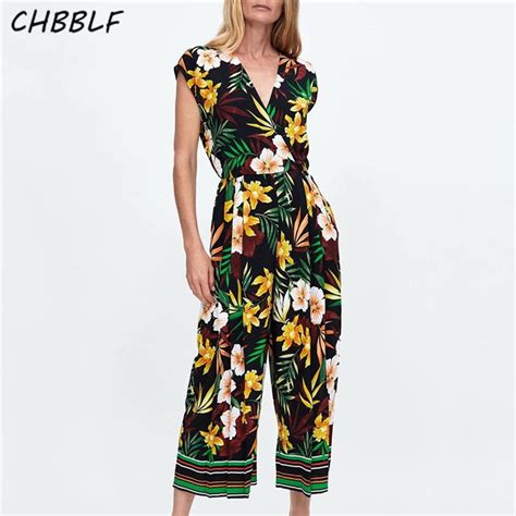 Chbblf Women Elegant Floral Print Jumpsuits V Neck Sleeveless Rompers