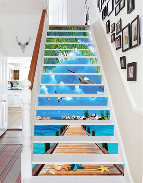 3d Blue Sea Wood Bridge 1286 Stair Risers Aj Wallpaper