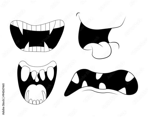 Cartoon Smile Mouth With Teeth Set Vector Silhouette Outline