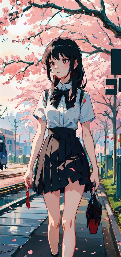 1080x2280 Anime Girl Cherry Blossom Train Looking Away 4k One Plus 6