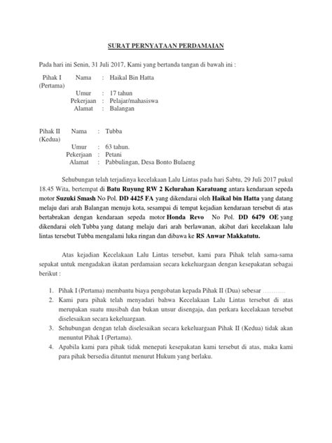 Demikian surat pernyataan perwalian ini saya buat dengan sebenarnya, dan untuk dapat dipergunakan dalam hal adalah memang benar orang tersebut diatas adalah wali dari rusmiati dalam hal ini adalah ibu mertua dari rusmiati, yang pada saat membeli tanah baru berumur 20 tahun. Surat Pernyataan Perdamaian