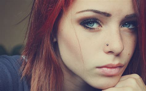 2560x1600 women redhead blue eyes piercing red lipstick nose rings face wallpaper
