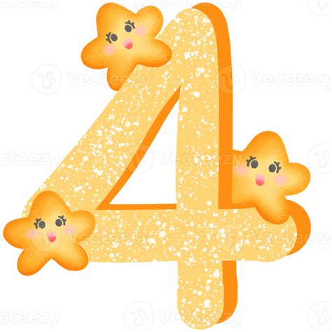 Yellow Number 4 With Yellow Smile Stars Isolated On Transparent