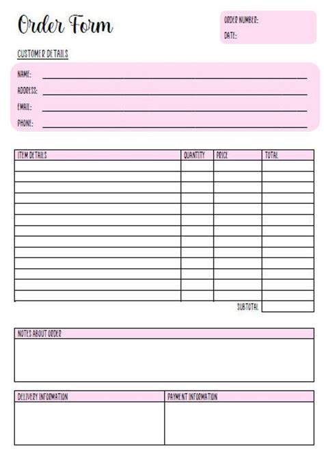 Free Printable Order Form Template JoeMcClain Harmony Blog