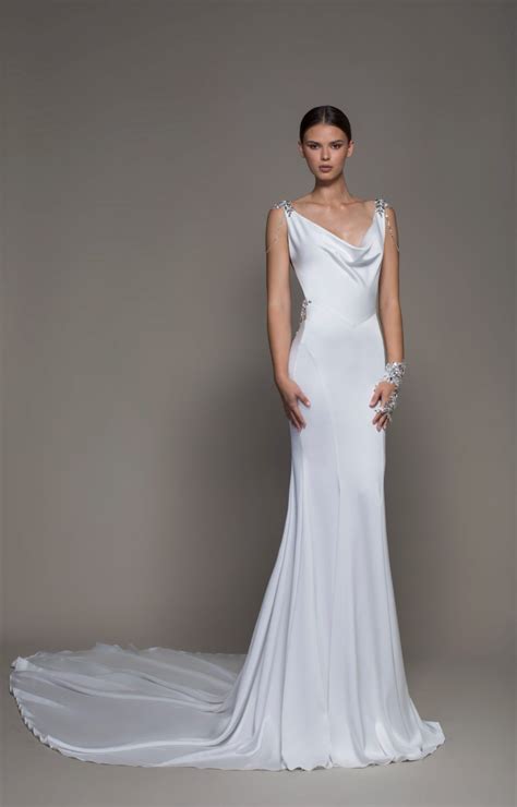 Sleeveless Crepe Sheath Wedding Dress With Cowl Neck And Crystals
