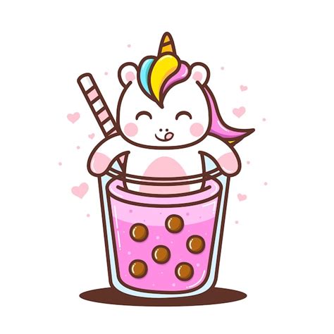 Premium Vector Cute Little Unicorn With Cute Bubble Drink
