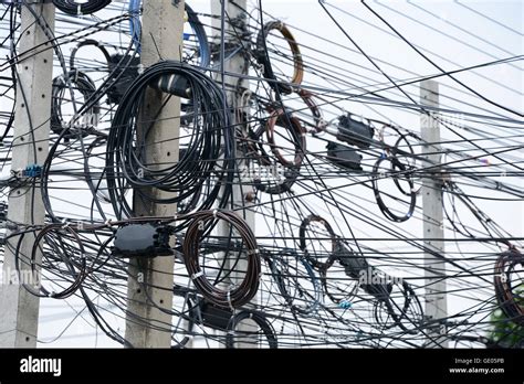 Messy Electrical Cables On Pole Stock Photo Alamy