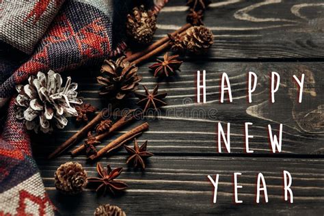 Happy New Year Text Sign Greeting With Stylish Rustic Winter Or Stock